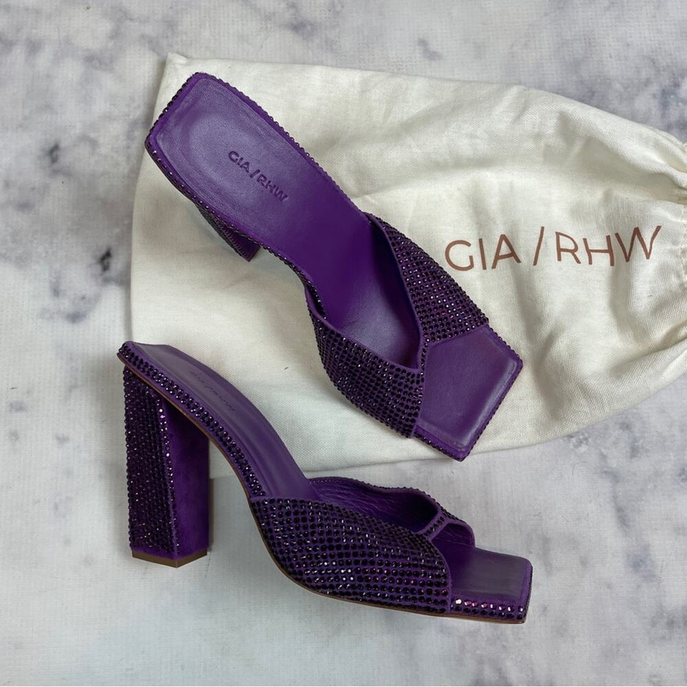 GIA/RHW Rosie Crystal Embellished Mule Heels Purple Square Toe Sandals Sz 38/8